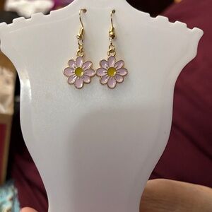 Handmade Gold Tone and Pink Flower Drop Earrings